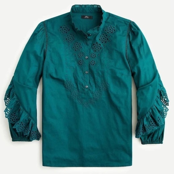 J. Crew Dark Spruce Ruffle Sleeve Embroidered Eyelet Blouse AR971 - Picture 14 of 14